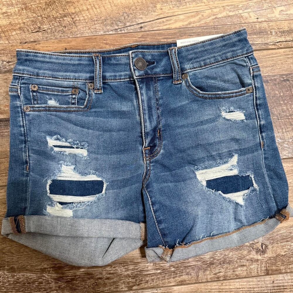 AMERICAN EAGLE Patched High Rise Stretch Women's Distressed Blue Sz 6 NWT Shorts
